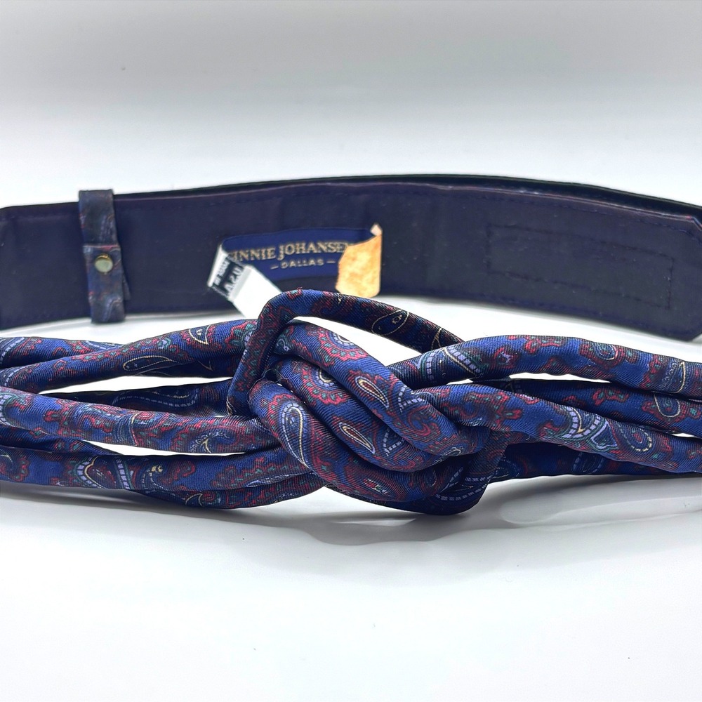 Vintage 80s Paisley Knotted Rope Belt Ginnie Johansen Navy Blue Fabric W-Germany